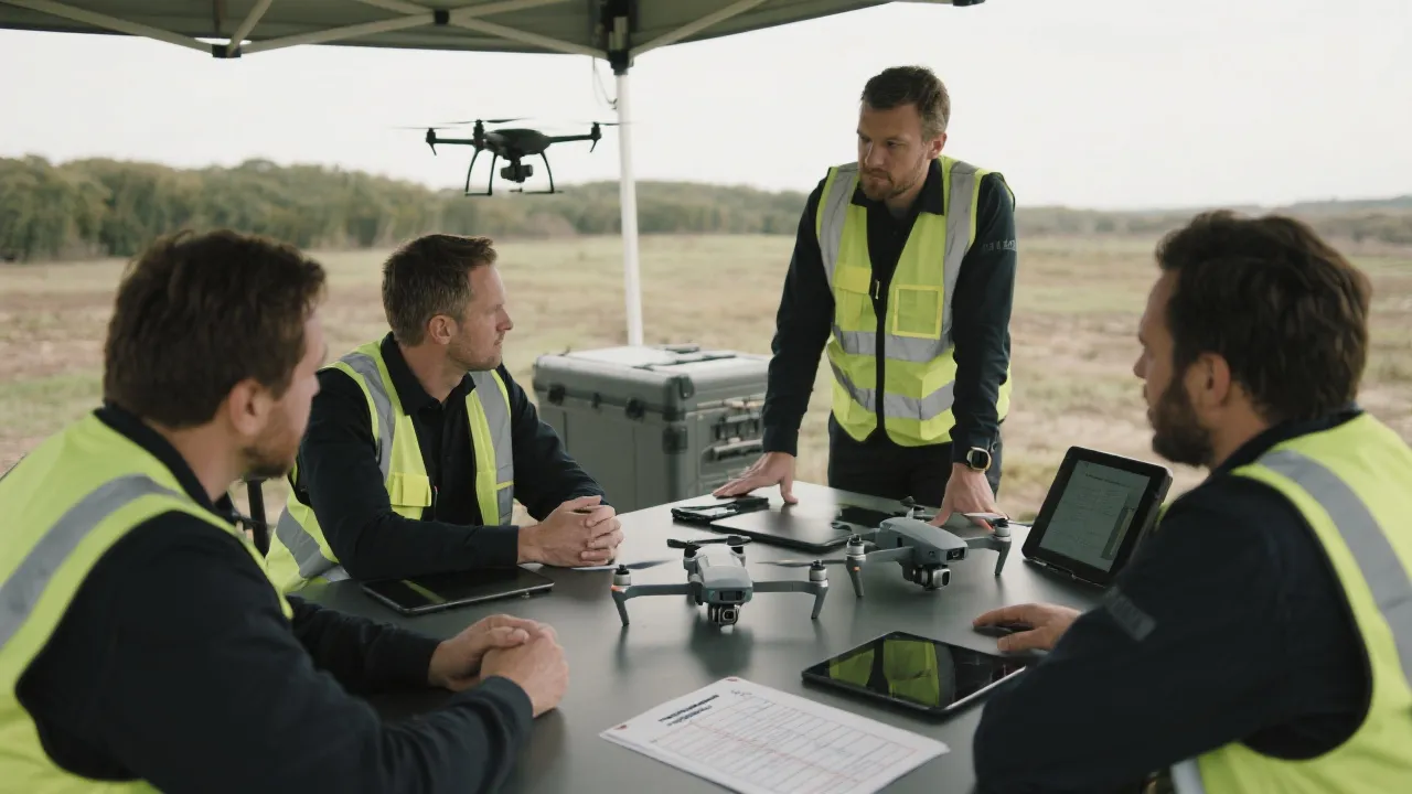 无人机团队在赛事场景进行合规检查与任务简报的工作台