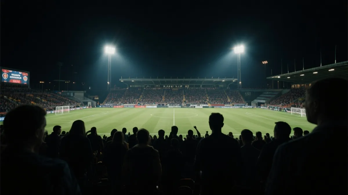 世界杯淘汰赛夜晚：球迷与球场灯光的氛围图
