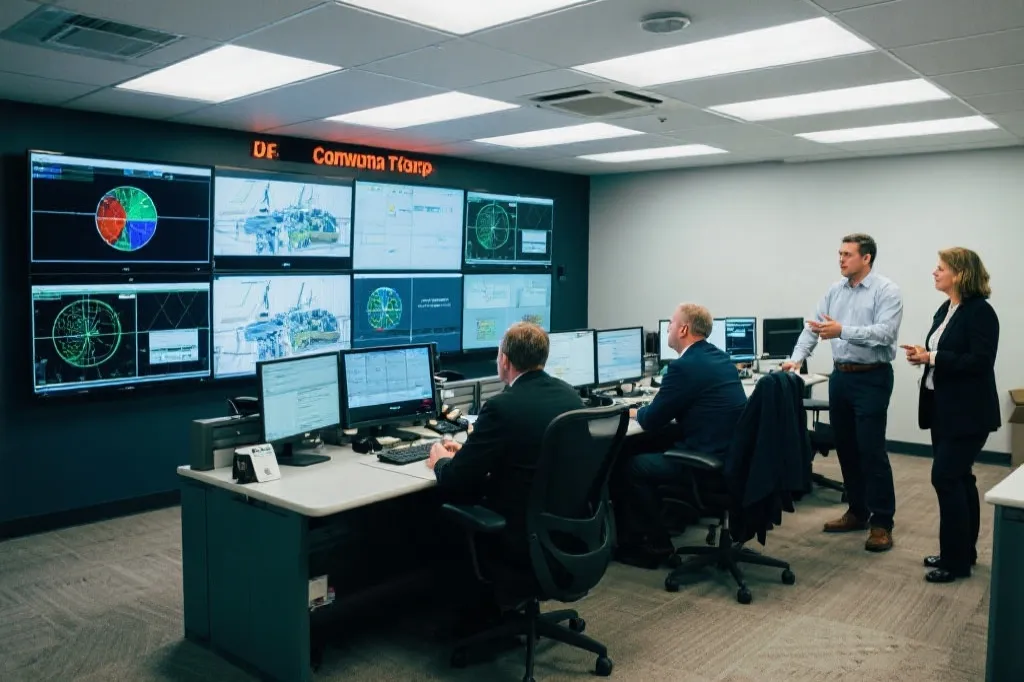 赛事安保指挥中心的多屏监控与人员协作，体现现场调度与信息汇聚